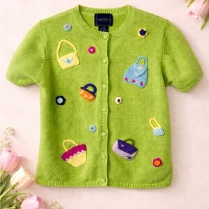 Eagle’s Eye Lime Green Cardigan Sweater S Novelty Crochet Purse Appliqué Ramie